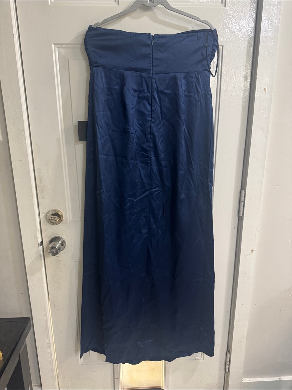 Lulu's Strapless Midnight Blue Satin Pleated Gown - Picture 5 of 10